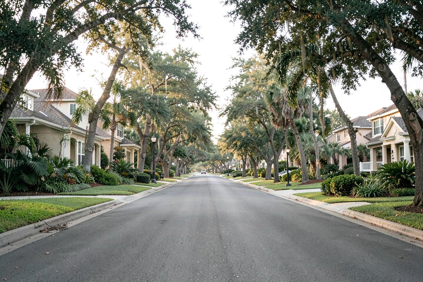Tree-lined Pinecrest street with large single-family homes